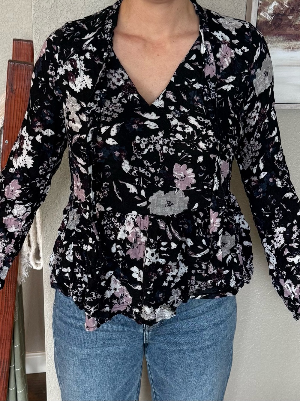 Nordstrom Black Floral Blouse with Pink & White Flowers